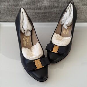 Salvatore Ferragamo Black and Gray Heels with Gold Ornament